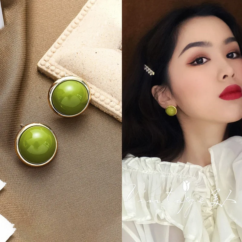 Trendy Green Round Stud Earrings for Women Party Classic Jewelry Golden Color Geometry Beans Shape Earrings Wholesale - Image 5