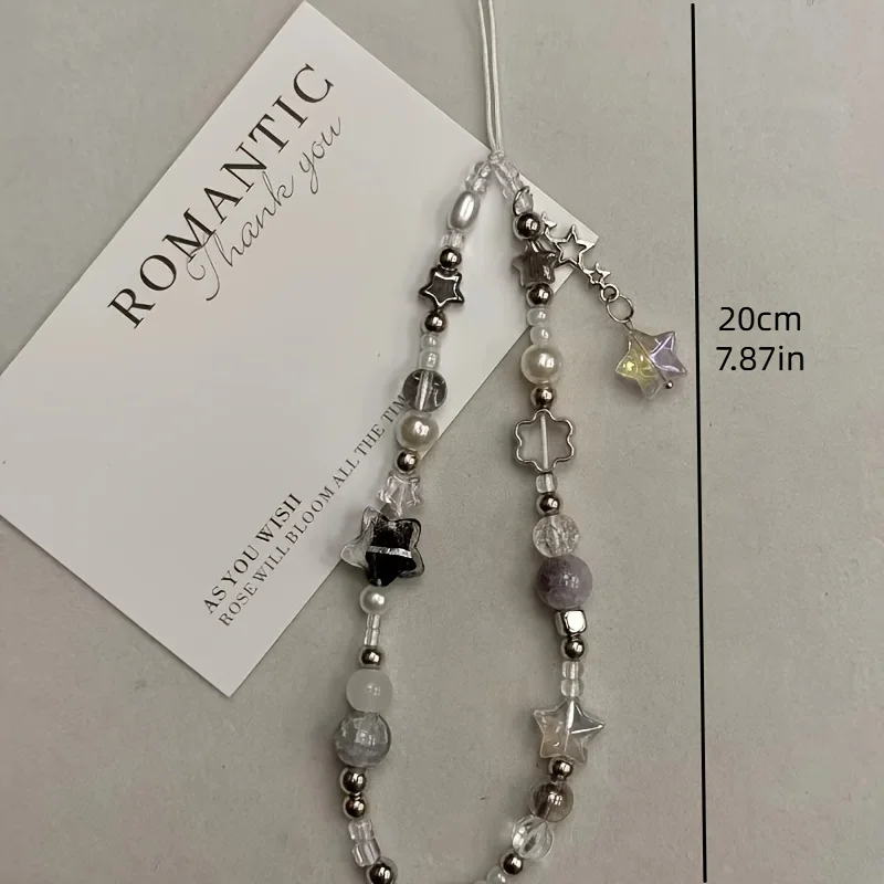 Fashion Silver Star Pearl Beaded Beaded Pendant Phone Strap Charm For iPhone Samsung Universal Accessories Chain Lanyard Gift - Image 2