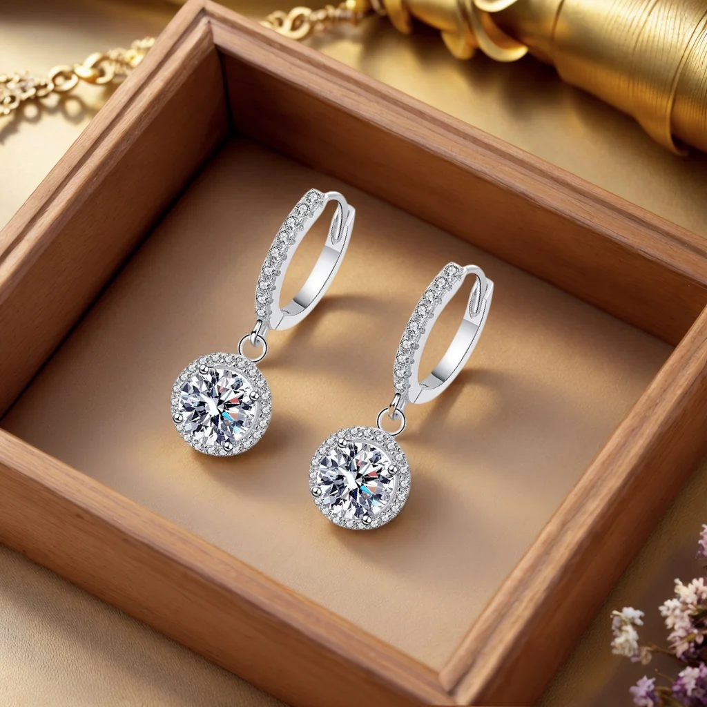 925 Sterling Silver 1 Carat Moissanite Round Earrings for Women Luxury Evening Style