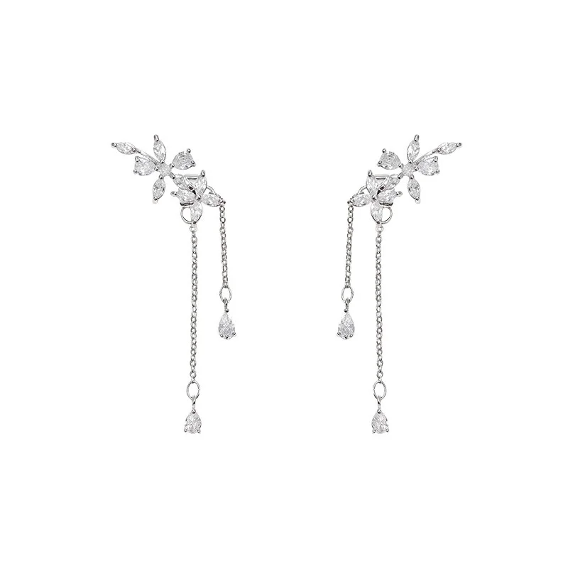 Summer Silver Plated Fashionable Tassel Inlaid Zircon Flower Earrings For Women, New Trendy Light Luxury Earrings Accessories - Image 3