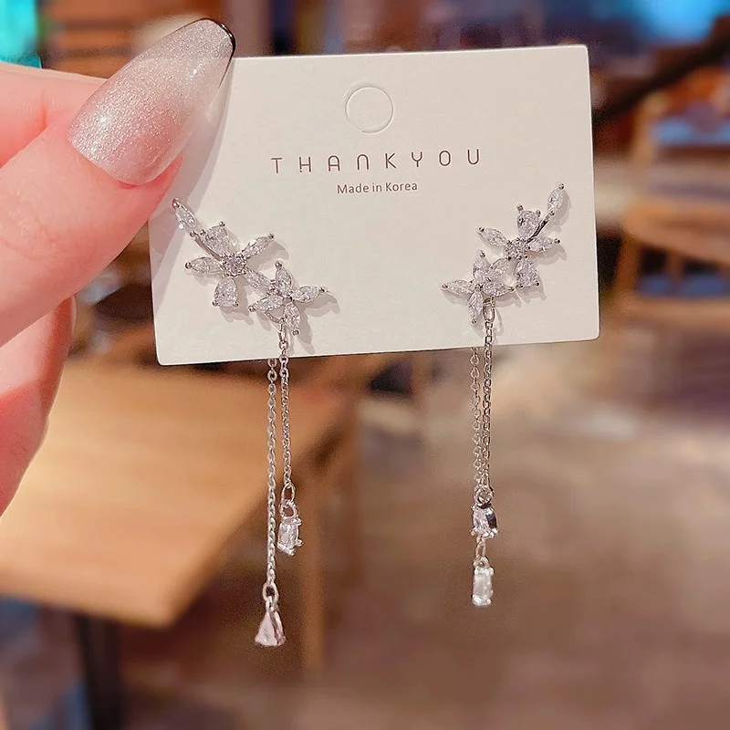 Summer Silver Plated Fashionable Tassel Inlaid Zircon Flower Earrings For Women, New Trendy Light Luxury Earrings Accessories - Image 5