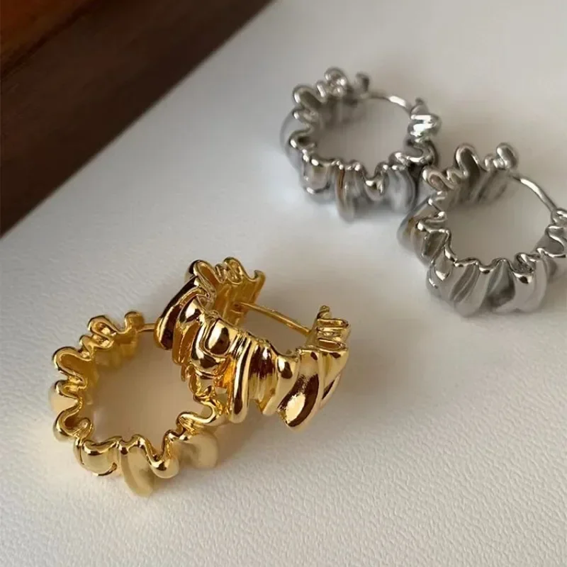 Personality Irregular Wavy Pleated Hoop Earrings for Women New Charm Gold Color Stainless Steel Dangle Jewelry Accessories Gift - Image 2