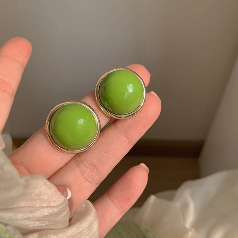 Trendy Green Round Stud Earrings for Women Party Classic Jewelry Golden Color Geometry Beans Shape Earrings Wholesale - Image 2
