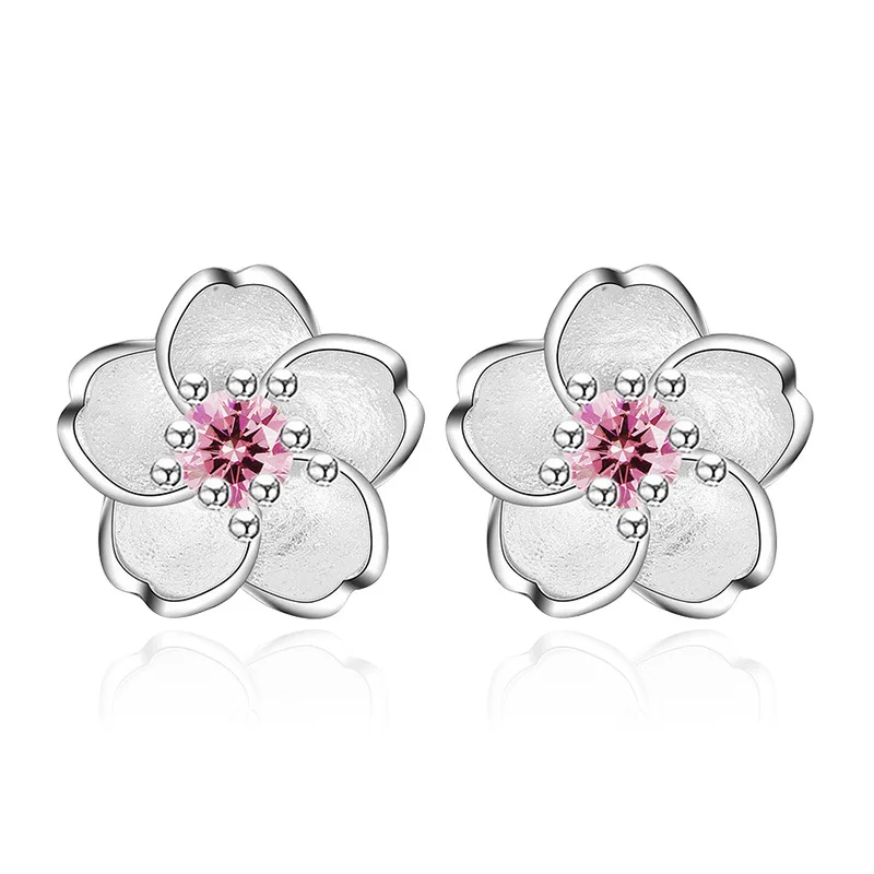 925 Sterling Silver Pink Purple Zircon Flower Small Stud Earrings For Women Wedding Elegant Luxury Jewelry Accessories Wholesale - Image 4