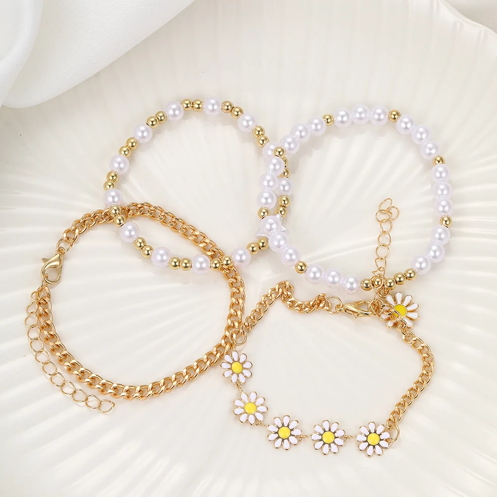 4pcs Vintage Daisy Flower Pendant Faux Pearl Bracelet Set for Women Bohemian Beaded Enamel Star Stackable Hand String Jewelry - Image 4