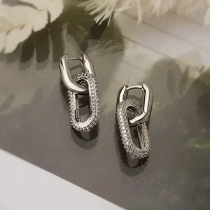 Gold Color Dangle Earrings with Shiny Zircon Decor Elegant Minimalist Double Loop Design Hoop Earrings Jewelry Gift for Women