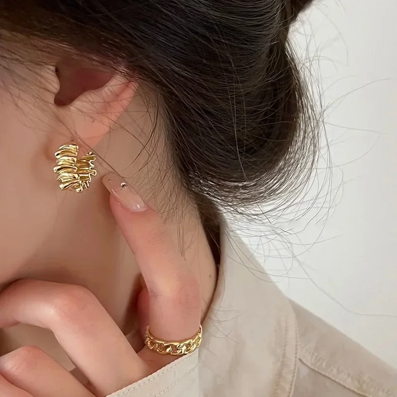 Personality Irregular Wavy Pleated Hoop Earrings for Women New Charm Gold Color Stainless Steel Dangle Jewelry Accessories Gift - Image 5