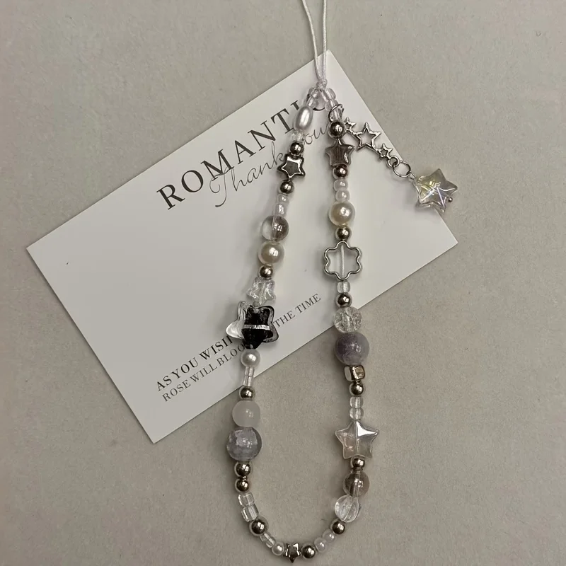 Fashion Silver Star Pearl Beaded Beaded Pendant Phone Strap Charm For iPhone Samsung Universal Accessories Chain Lanyard Gift - Image 4