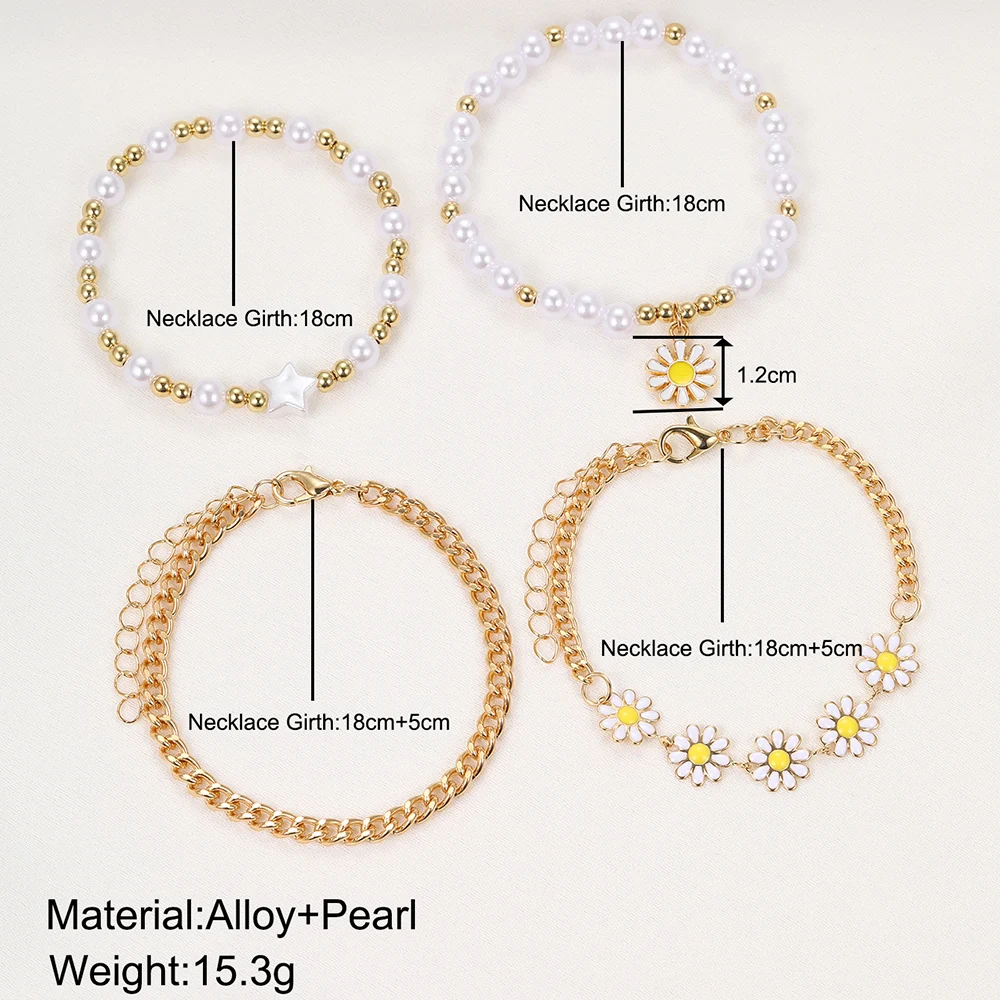 4pcs Vintage Daisy Flower Pendant Faux Pearl Bracelet Set for Women Bohemian Beaded Enamel Star Stackable Hand String Jewelry - Image 3