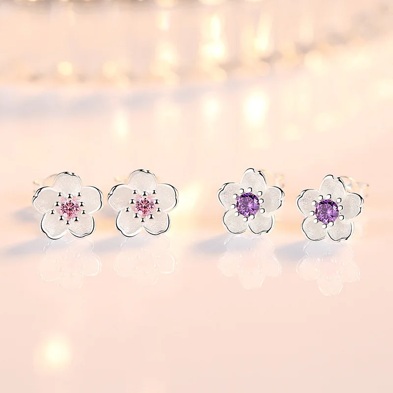 925 Sterling Silver Pink Purple Zircon Flower Small Stud Earrings For Women Wedding Elegant Luxury Jewelry Accessories Wholesale - Image 2