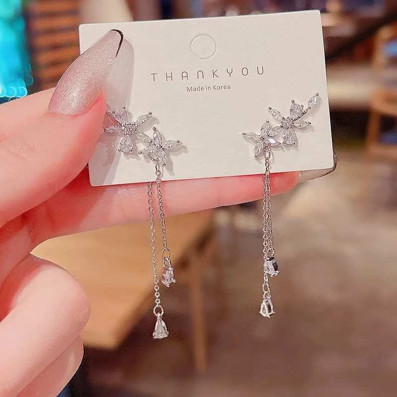 Summer Silver Plated Fashionable Tassel Inlaid Zircon Flower Earrings For Women, New Trendy Light Luxury Earrings Accessories - Image 2