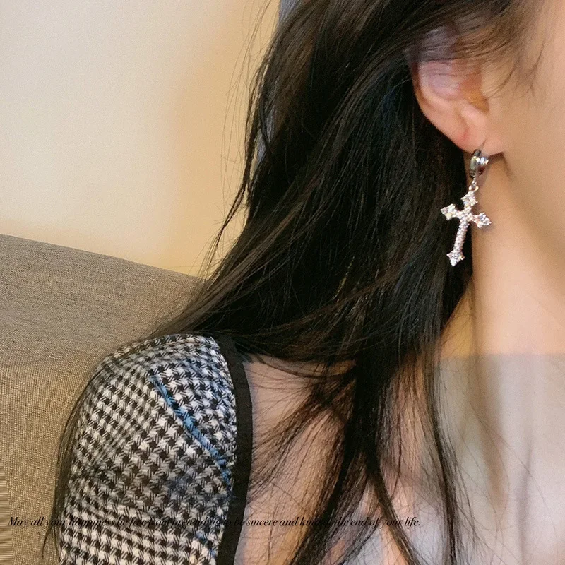 New Rhinestone Zircon Cross Pendant Earrings For Women Korean Fashion Drop Hoop Earrings Birthday Party Jewelry Gifts - Image 4