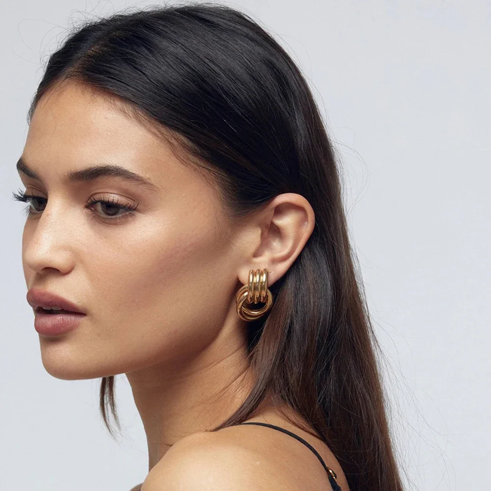 Trendy Stainless Steel Multilayer Circle Twist Knot Earrings for Women Texture Mixed Color Gold Plated Statement Earring Bijoux - Image 3