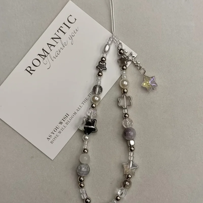Fashion Silver Star Pearl Beaded Beaded Pendant Phone Strap Charm For iPhone Samsung Universal Accessories Chain Lanyard Gift - Image 5