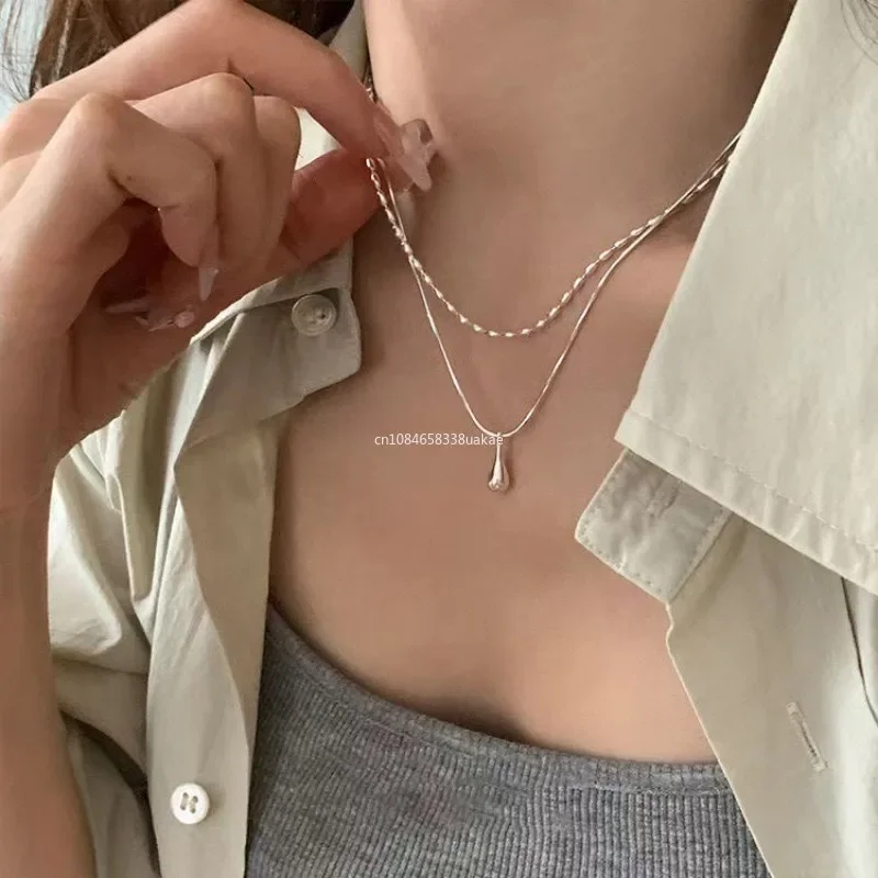 2025 Silver Simple Design Drop Pendant Necklace for Women Double Collar Chain Fashion Fine Jewelry Gifts Long Layered Necklace - Image 2