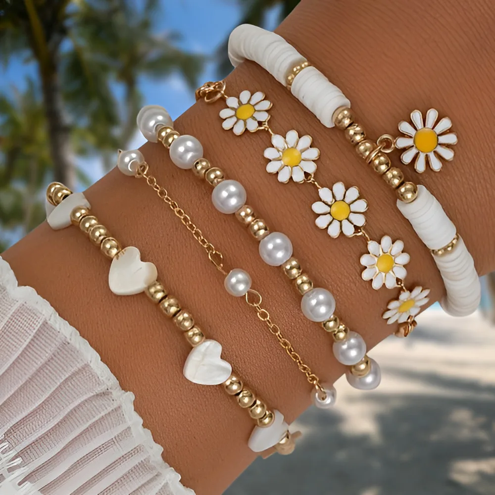 4pcs Vintage Daisy Flower Pendant Faux Pearl Bracelet Set for Women Bohemian Beaded Enamel Star Stackable Hand String Jewelry - Image 2