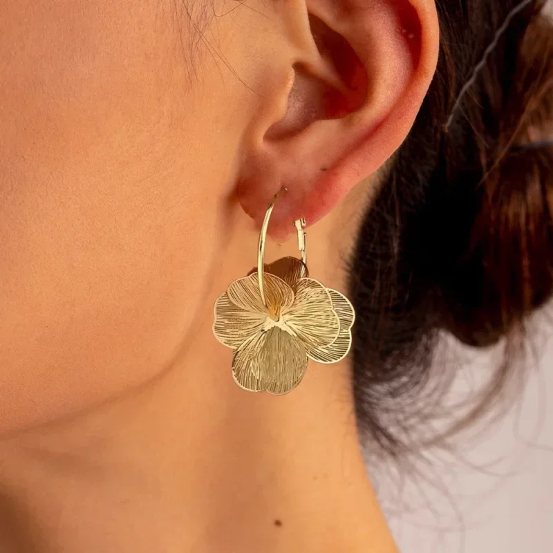 Stainless Steel Golden Double-Layer Hollow Flower Hoop Earring for Women Vintage Flower Earrings for Daily Wear Jewelry Gifts - Image 3