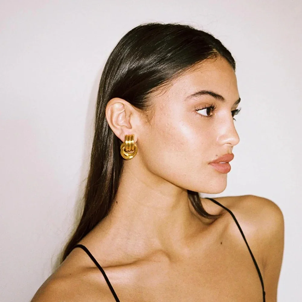 Trendy Stainless Steel Multilayer Circle Twist Knot Earrings for Women Texture Mixed Color Gold Plated Statement Earring Bijoux - Image 2