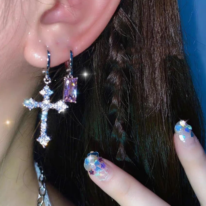 New Rhinestone Zircon Cross Pendant Earrings For Women Korean Fashion Drop Hoop Earrings Birthday Party Jewelry Gifts - Image 2
