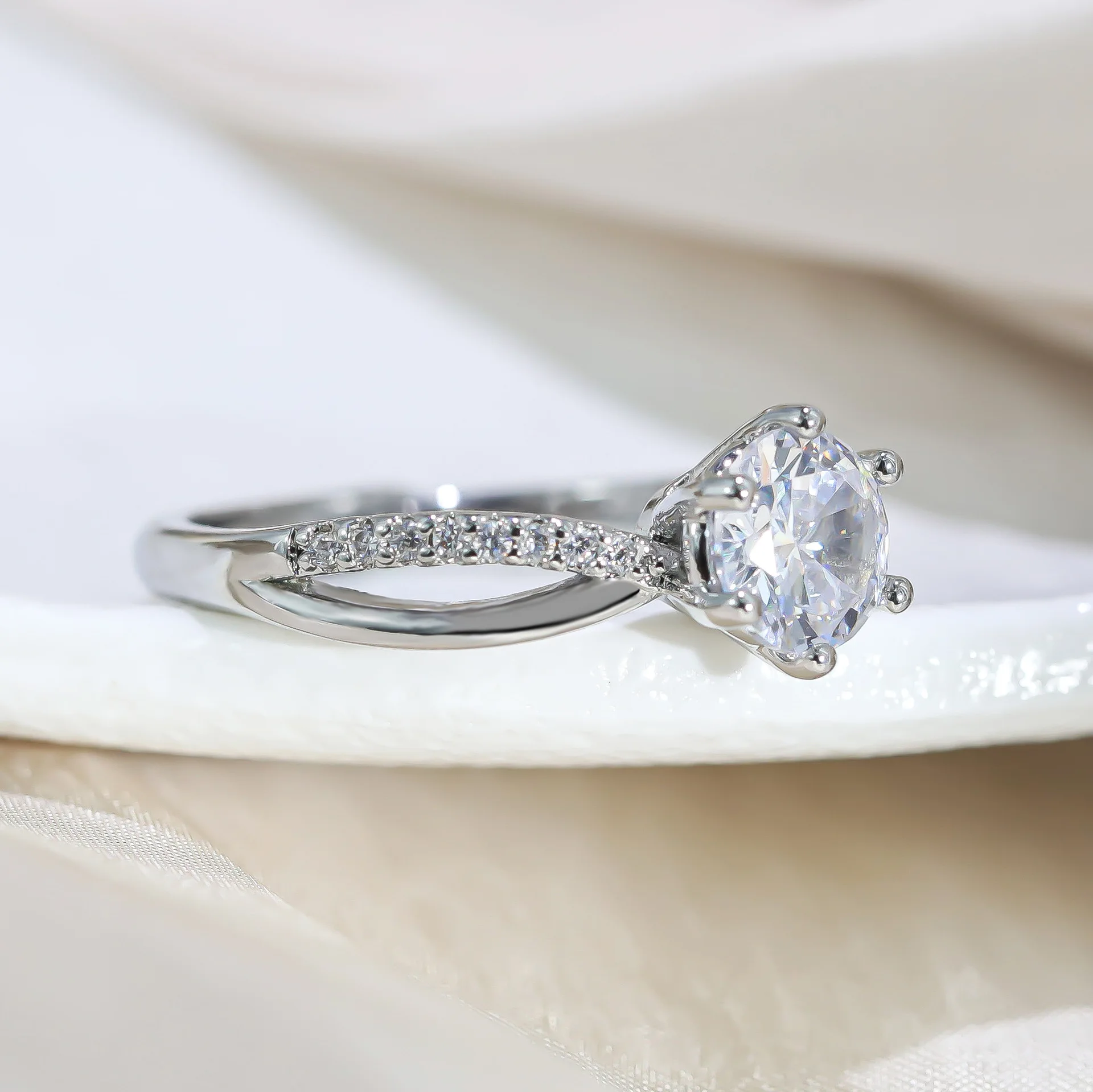 Classic 4-Prong Solitaire Ring with Micro-Pavé Accent Stones & Crisscross Band - 925 Silver Plated White Gold Engagement Promise - Image 3