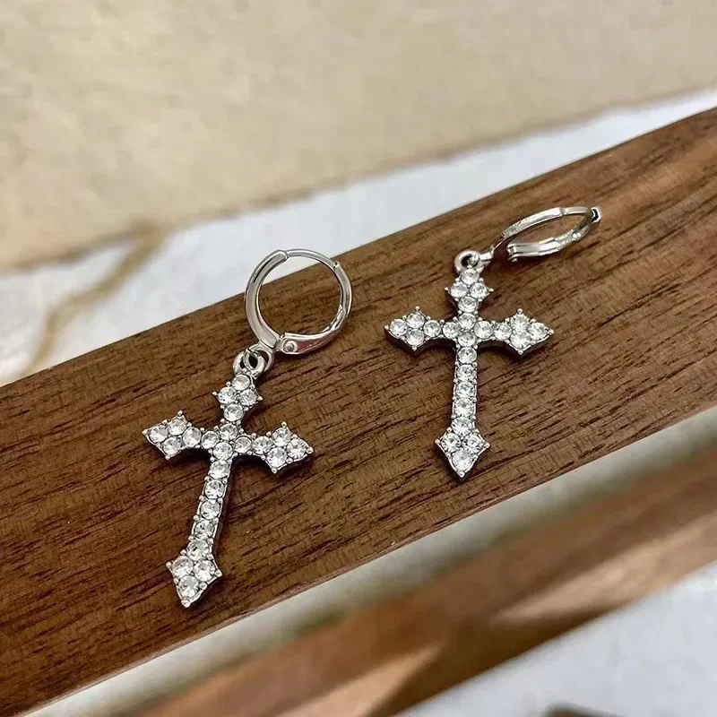 New Rhinestone Zircon Cross Pendant Earrings For Women Korean Fashion Drop Hoop Earrings Birthday Party Jewelry Gifts - Image 5