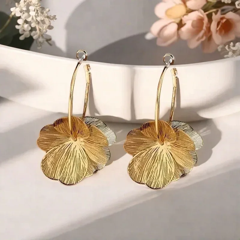 Stainless Steel Golden Double-Layer Hollow Flower Hoop Earring for Women Vintage Flower Earrings for Daily Wear Jewelry Gifts - Image 4