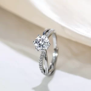 Classic 4-Prong Solitaire Ring with Micro-Pavé Accent Stones & Crisscross Band - 925 Silver Plated White Gold Engagement Promise