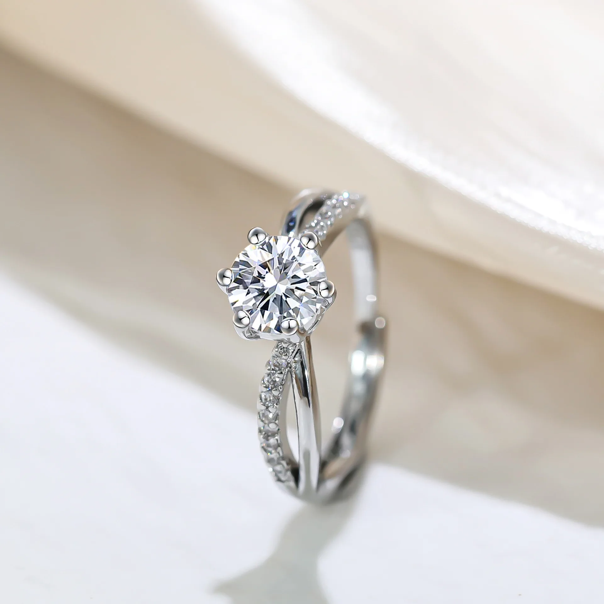 Classic 4-Prong Solitaire Ring with Micro-Pavé Accent Stones & Crisscross Band - 925 Silver Plated White Gold Engagement Promise