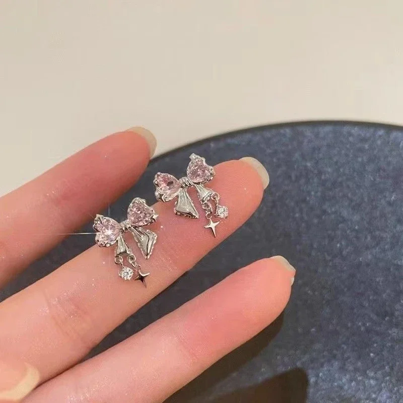 Y2K Bowknot Zircon Stud Earrings for Women Fashion Korean Silver Color Pink Crystal Personality Earring Girl Party Jewelry Gifts - Image 5