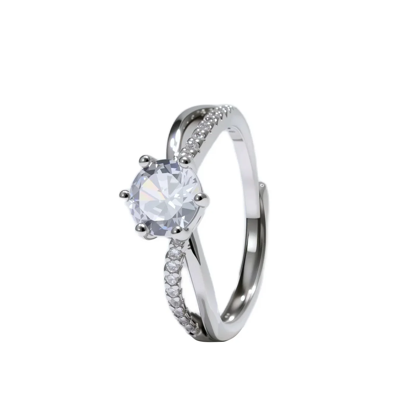 Classic 4-Prong Solitaire Ring with Micro-Pavé Accent Stones & Crisscross Band - 925 Silver Plated White Gold Engagement Promise - Image 5