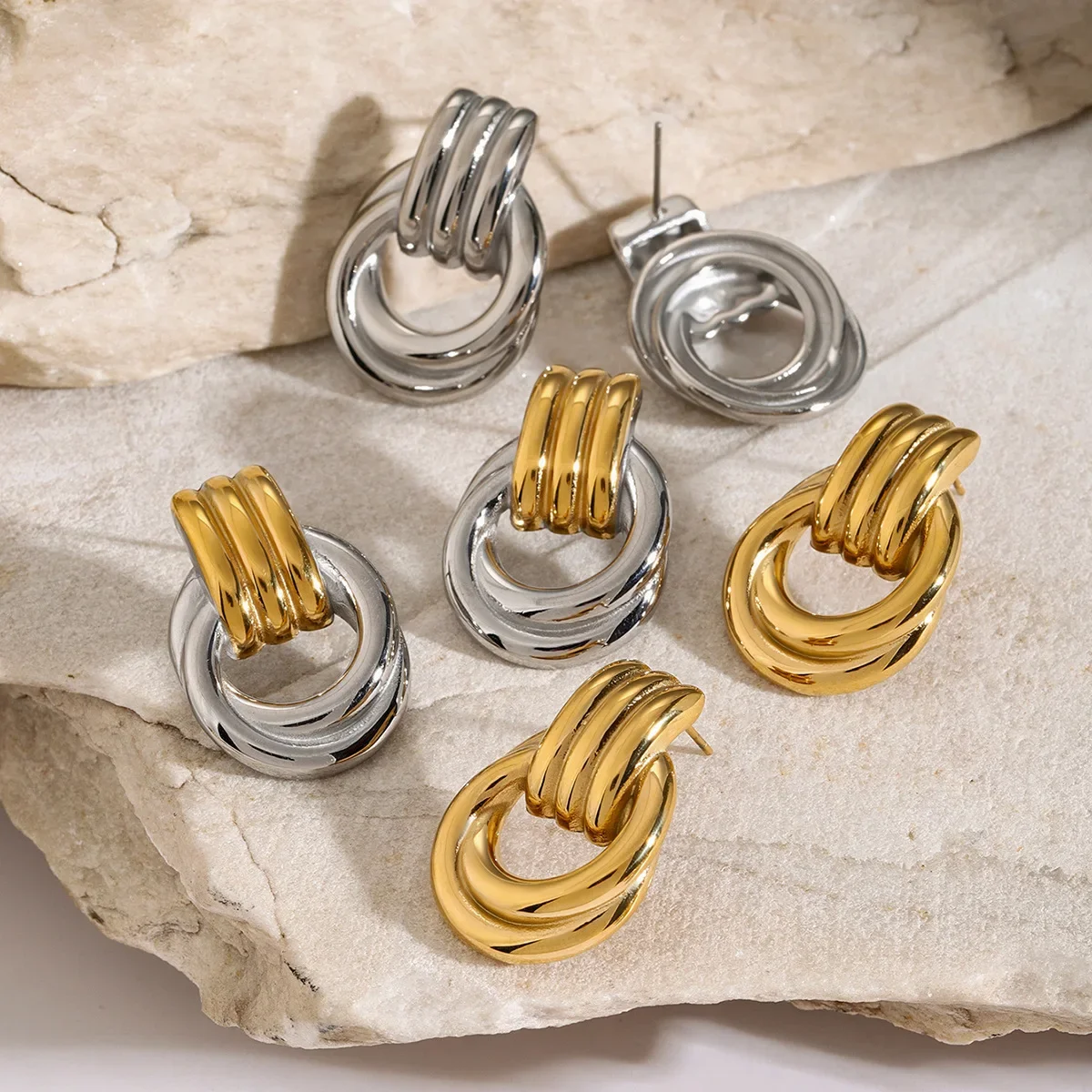 Trendy Stainless Steel Multilayer Circle Twist Knot Earrings for Women Texture Mixed Color Gold Plated Statement Earring Bijoux - Image 5