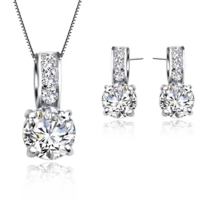 925 Sterling Silver Color Bridal Jewelry Set Classic Cubic Zircon Crystal Pendant Necklace Stud Earrings for Women Girls Gift