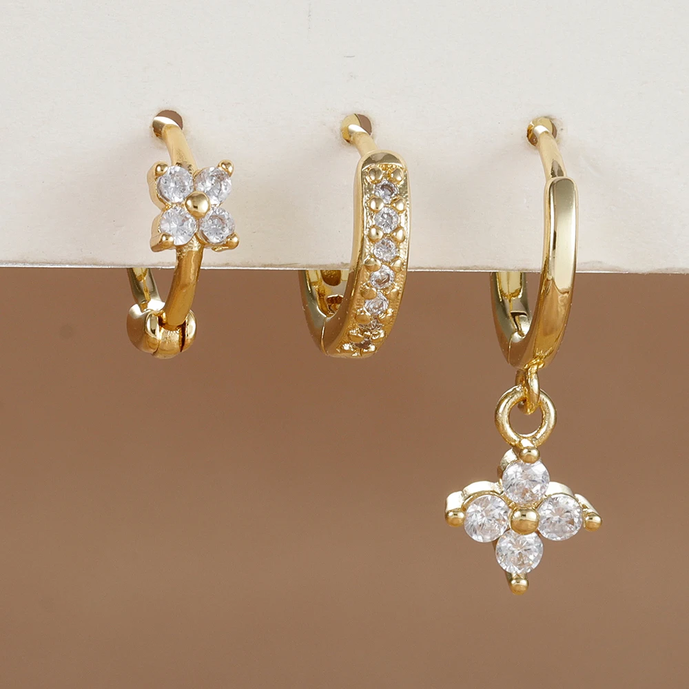 3PCS Trendy Stainless Steel Flower Drop Earring Set For Women Crystal Zirconia Dangle Earring Hypoallerg Piercing Jewelry aretes - Image 3