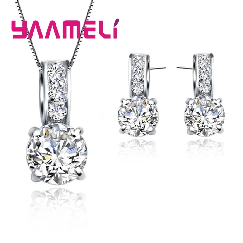 925 Sterling Silver Color Bridal Jewelry Set Classic Cubic Zircon Crystal Pendant Necklace Stud Earrings for Women Girls Gift - Image 2