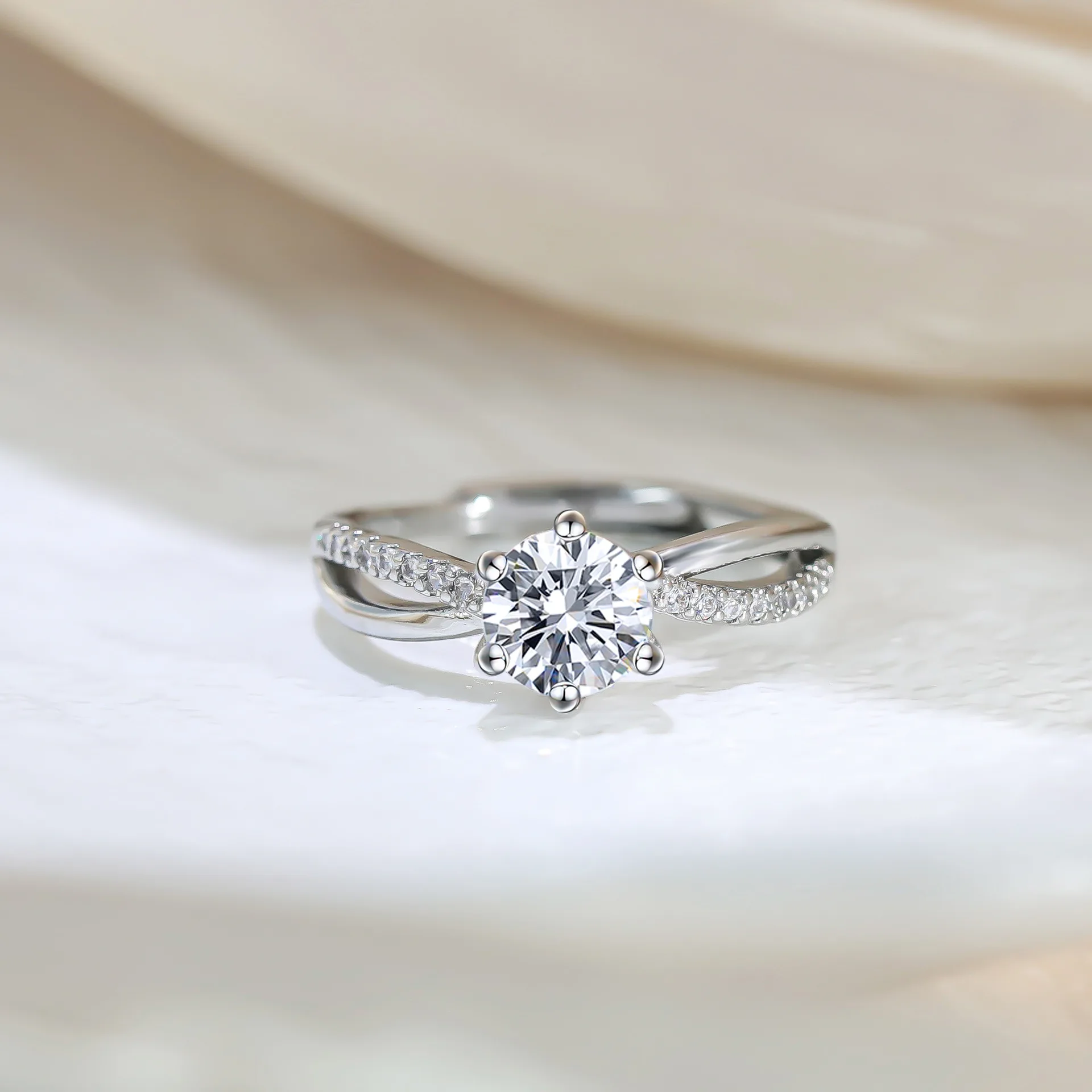 Classic 4-Prong Solitaire Ring with Micro-Pavé Accent Stones & Crisscross Band - 925 Silver Plated White Gold Engagement Promise - Image 2