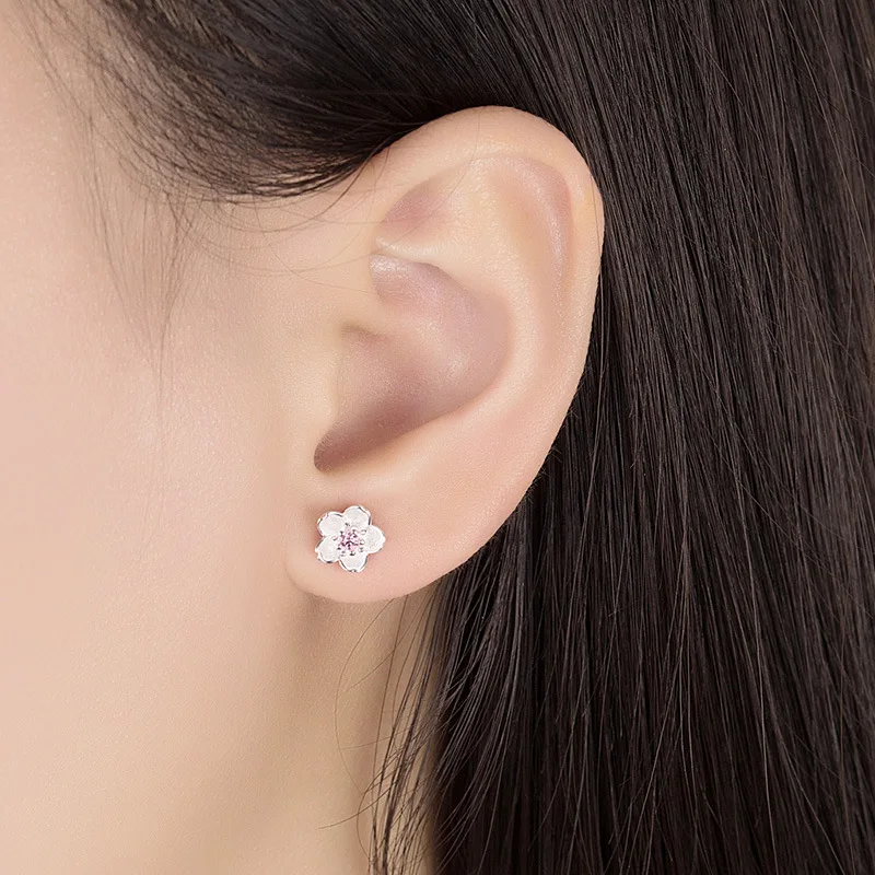 925 Sterling Silver Pink Purple Zircon Flower Small Stud Earrings For Women Wedding Elegant Luxury Jewelry Accessories Wholesale - Image 3