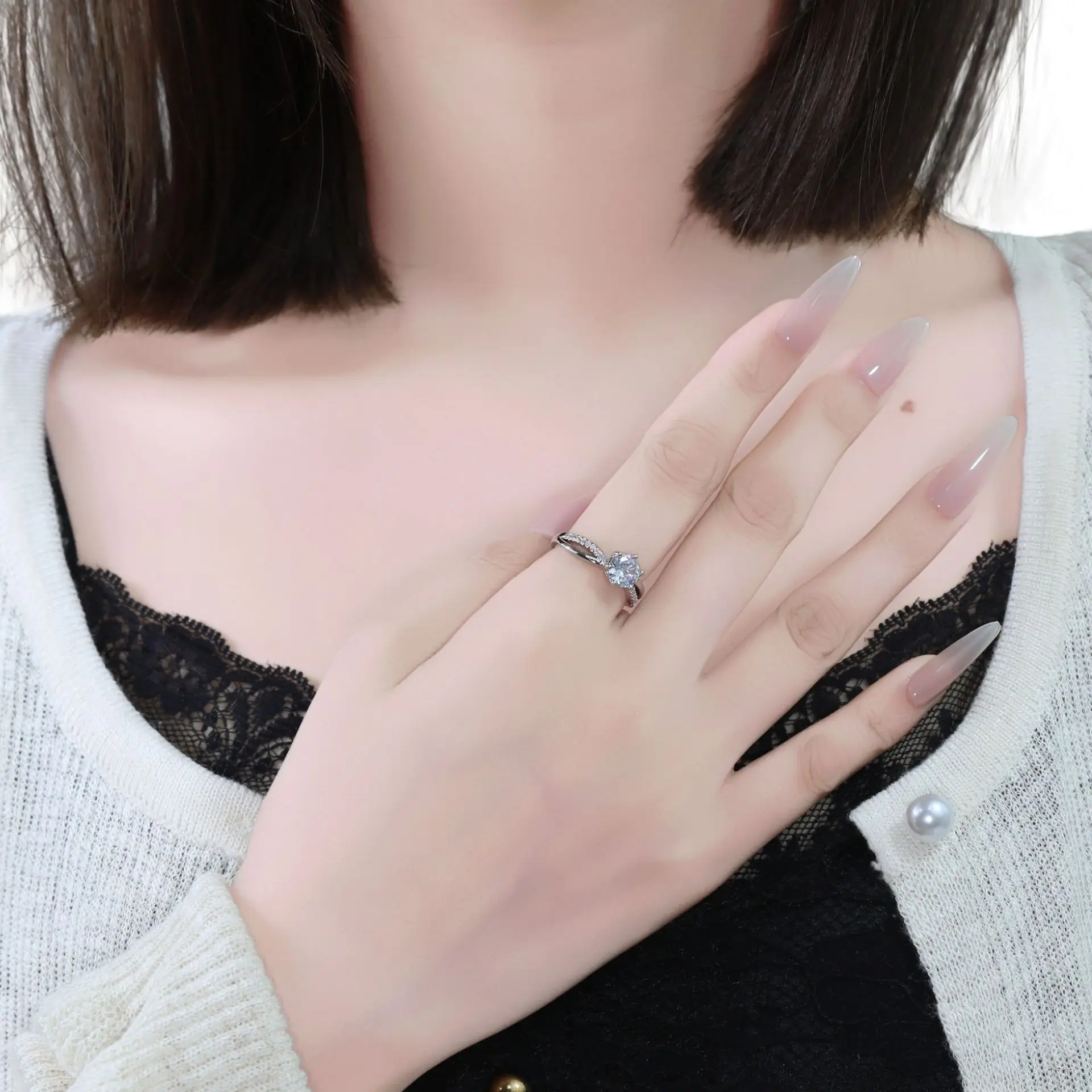 Classic 4-Prong Solitaire Ring with Micro-Pavé Accent Stones & Crisscross Band - 925 Silver Plated White Gold Engagement Promise - Image 4