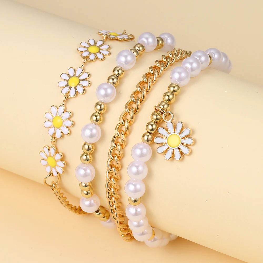 4pcs Vintage Daisy Flower Pendant Faux Pearl Bracelet Set for Women Bohemian Beaded Enamel Star Stackable Hand String Jewelry - Image 6