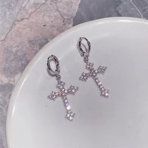 New Rhinestone Zircon Cross Pendant Earrings For Women Korean Fashion Drop Hoop Earrings Birthday Party Jewelry Gifts